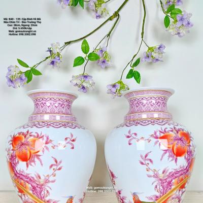 Cặp bình vẽ tay, vẽ mã não, cặp bình vẽ chim trĩ, đào trường thọ